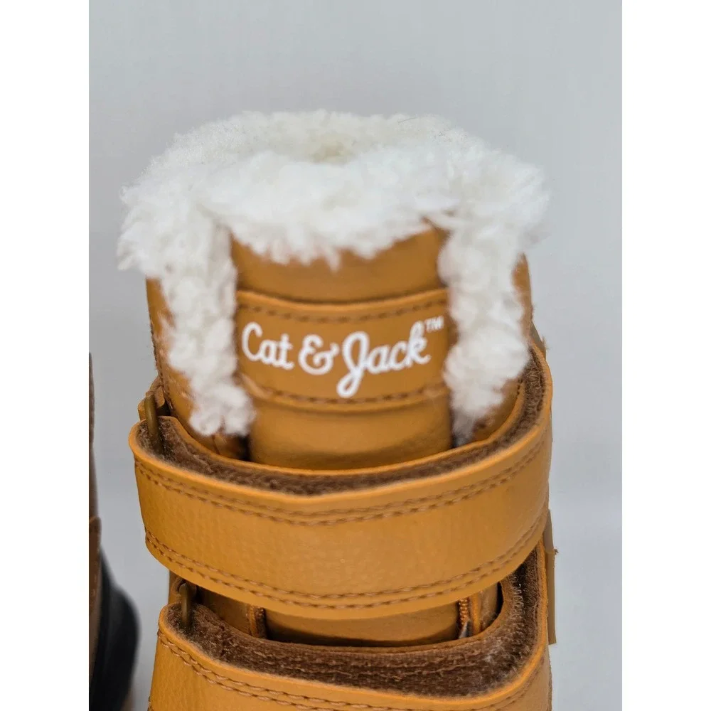 Cat & Jack Toddler Kids Tan Black Faux Fur Lined Duck Boots Size 7 Hook Loop